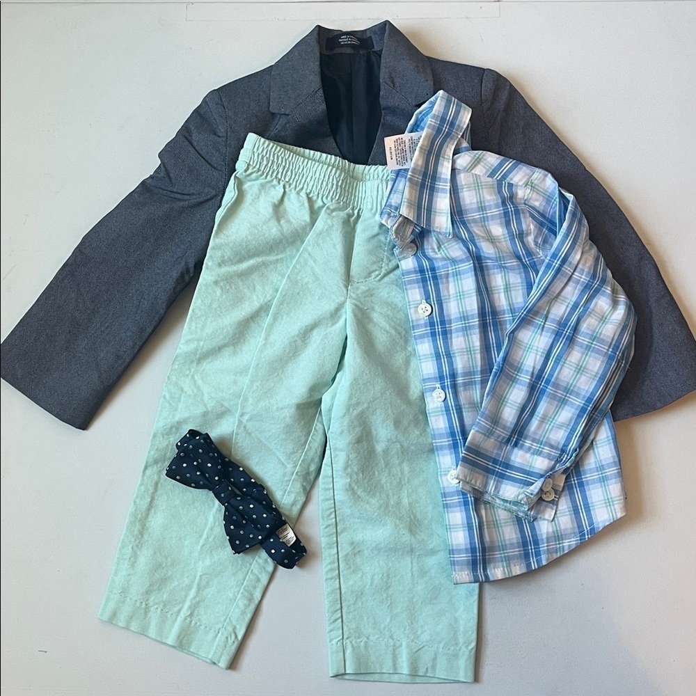 Boys Nautica Navy Blazer Jacket with Blue Plaid Shirt and Bow Tie